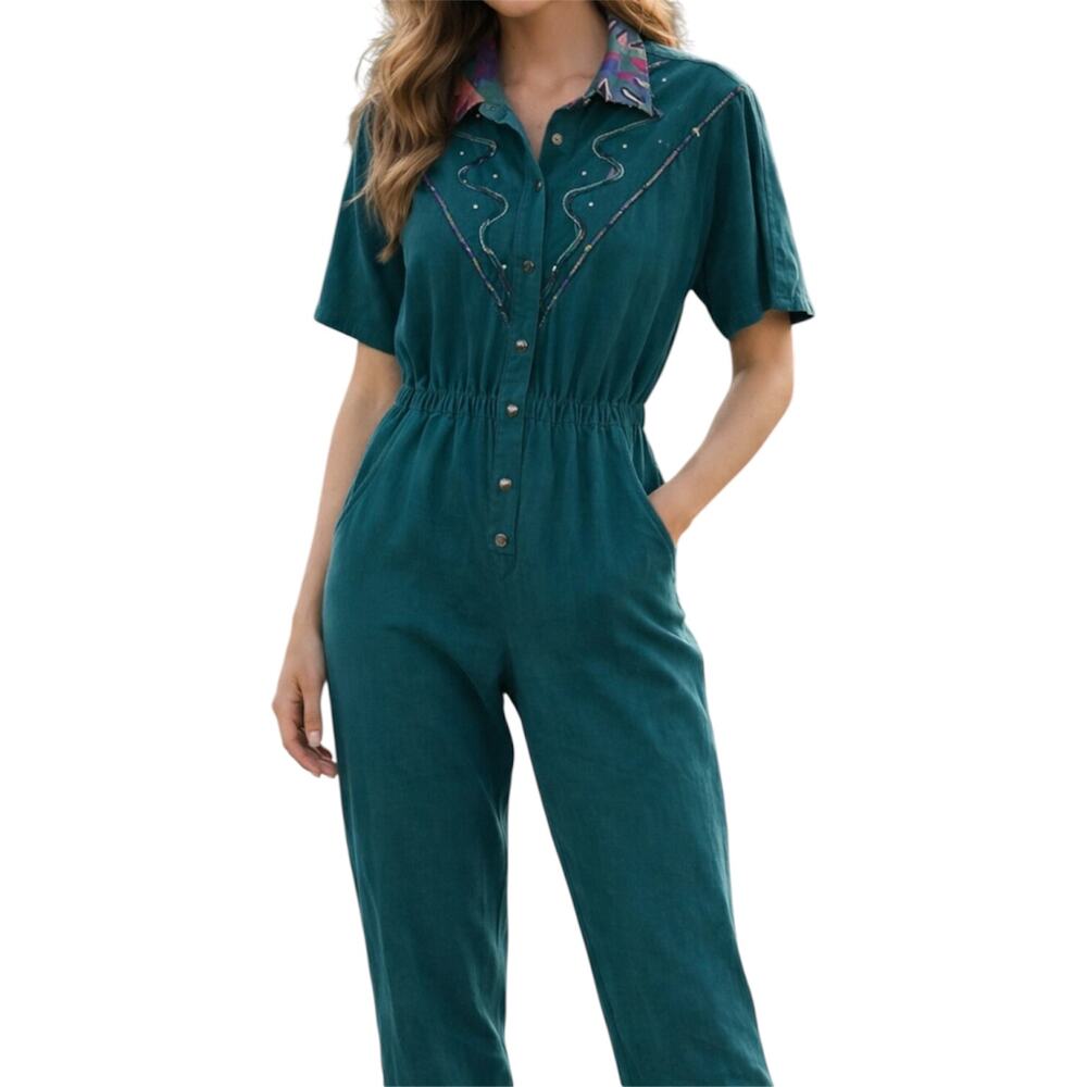 VTG Dee California Totally 80s Jumpsuit Short Sleeve Gold Button Front Teal L